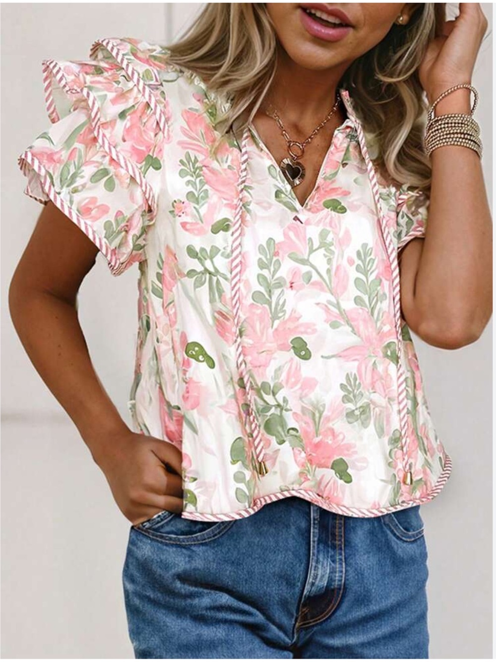 Pink Floral/Stripe Ruffle Top